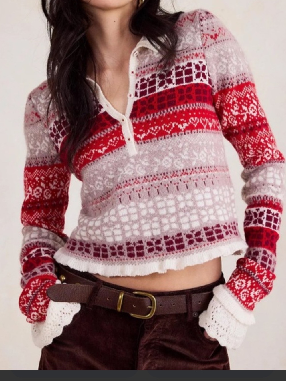 Free People Gift Wrapped Henley cropped Sweater in Red and Cream Large EUC